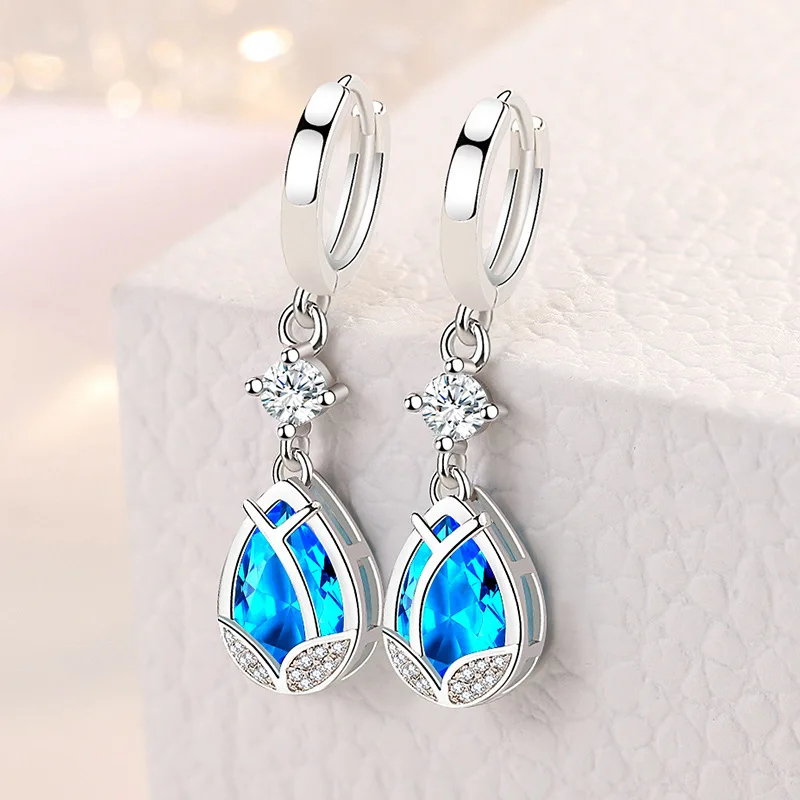 

Korean Style 925 Sterling Silver Elegant Blue Crystal Drop Earrings For Women Girls Wedding Fashion Jewelry