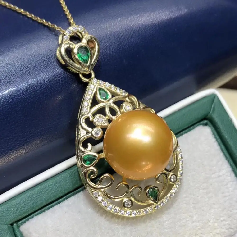 

D314 Fine Jewelry 925 Sterling Silver 12-13mm Natural Fresh Water Golden Pearl Pendant Necklaces for Women FIne Pearls Pendants