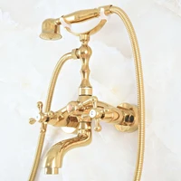 luxury polished gold color brass bathroom wall mounted clawfoot tub faucet taps set with hand held shower head spray mna802