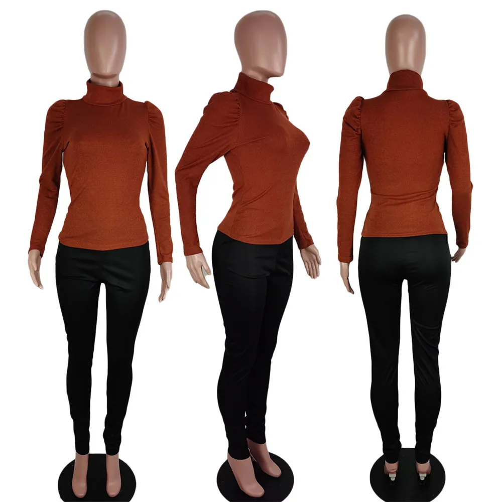 

Long Sleeve Tshirts Women Solid Color Puff Sleeve Half Turleneck Knitted Tops Slim Fashion Pullover Female Tees