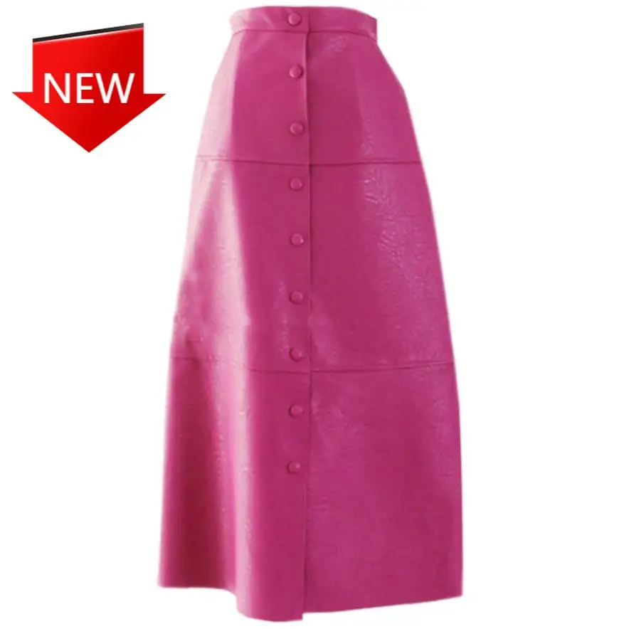

PU Skirt Women Slim single breasted mid a-line leather skirt Spring autumn fashion sweet high waist