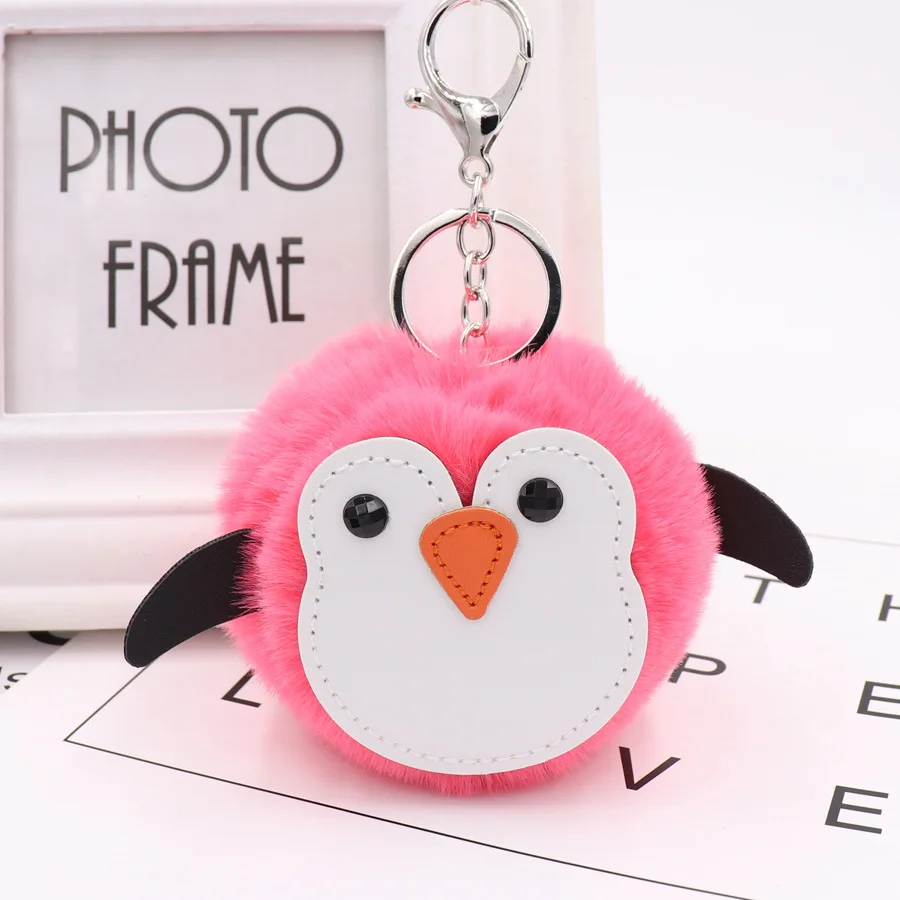

Cute Penguin Hair Ball Keychain For Mobilephones For Ladies PU Leather Animal Plush Keychain Bag Car Pendant Promotional Gifts