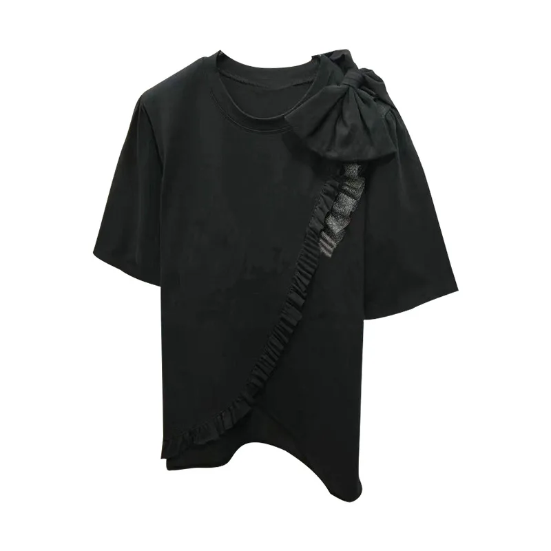 

Fashion Big Bow Designed Woman Tshirts Sweet Fungus Spliced Short Sleeve T Shirt 2021 New O-neck Summer Tops for Women