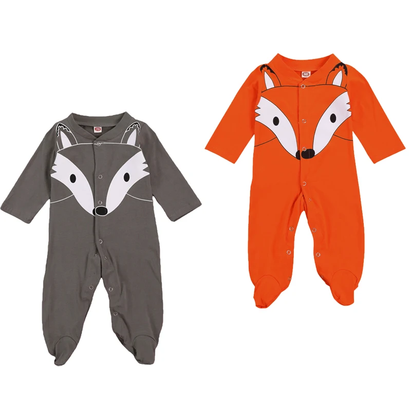 

0-6M Newborn Baby Girls Boys Footie Cartoon Animal Print Long Sleeve Single Breasted Autumn Jumpsuits
