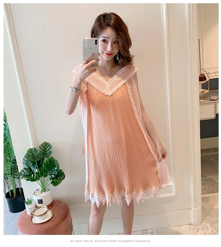 Summer Sleeveless/Long Sleeve Maternity Chiffon Pleated Dress V-neck Lace Patchwork Tassel Hem Pregnant Women Dress Sweet