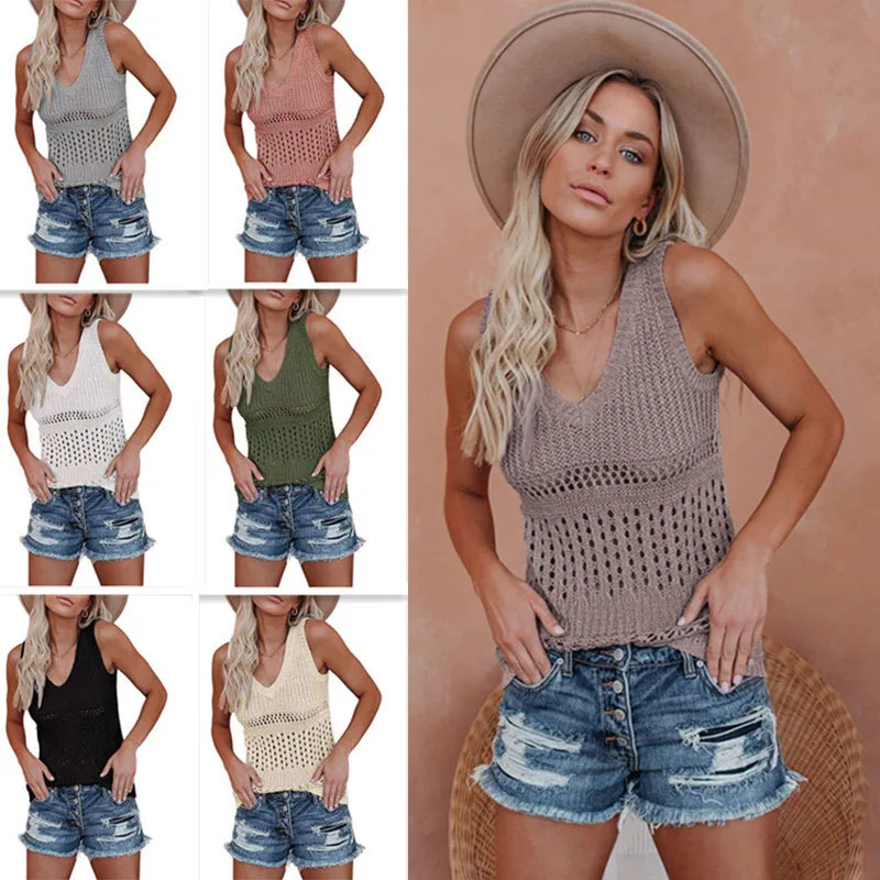

Summer 2021 Fashion Casual Ventilate U-neck Vest Ice Wire Strap Knit Women Streetwear Cotton Travel Loose Tank Top