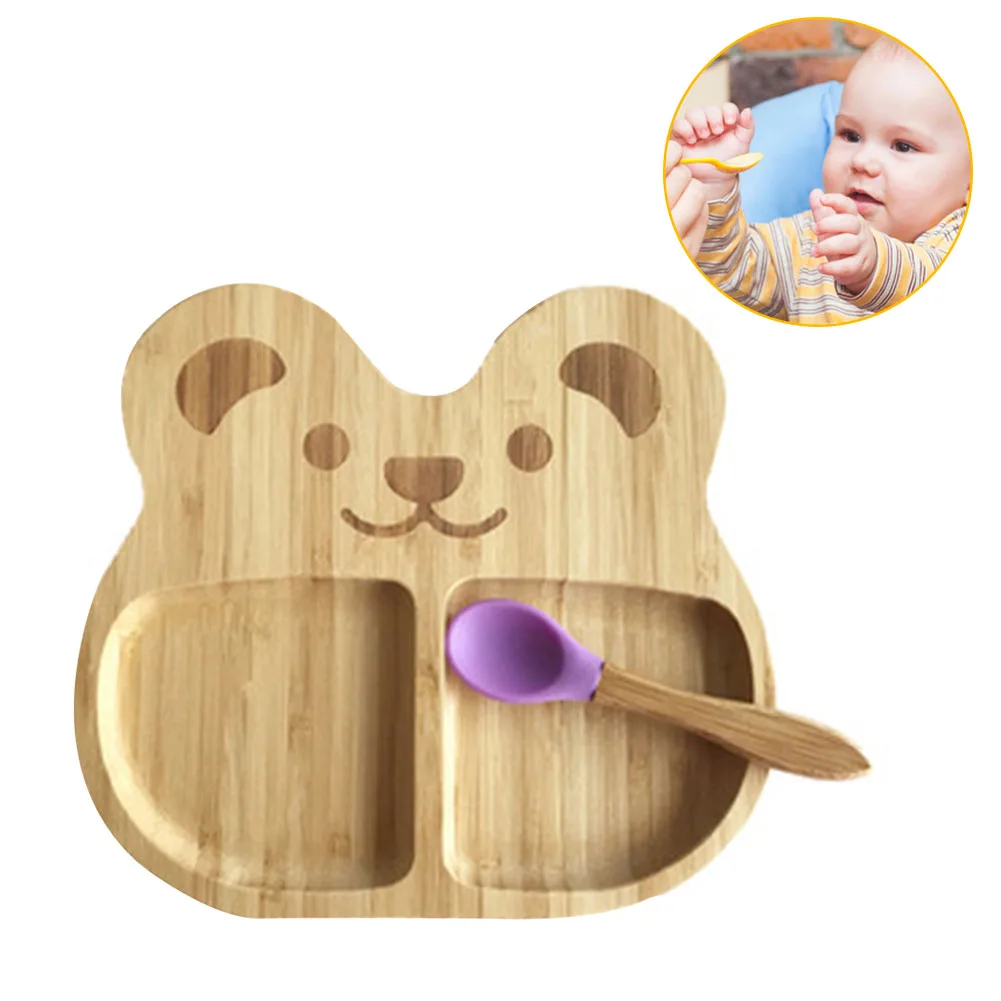 

With Spoone Cartoon Bamboo Baby Feeding Plate Portable Training Suction Cup Panda Shape Kindergarten Cute Home Tableware