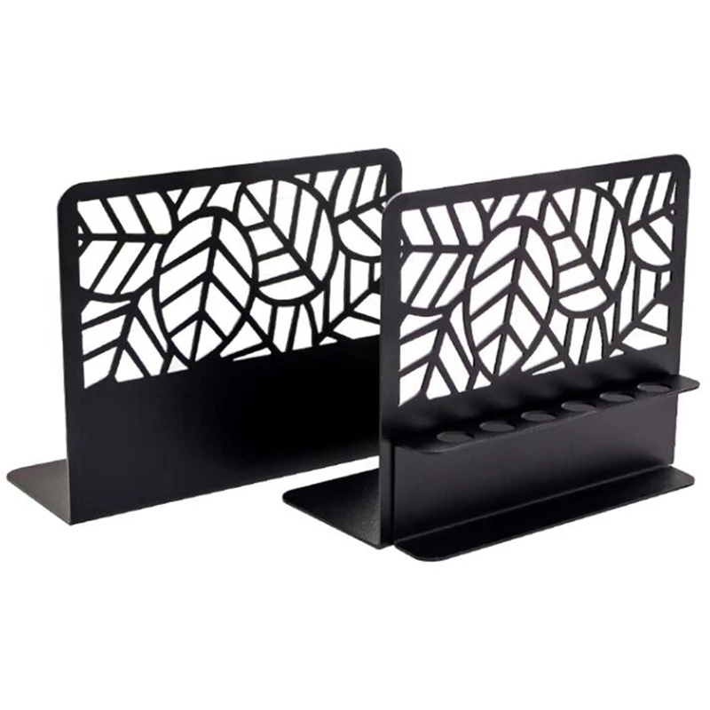 

Metal Hollow Desktop Organizer Bookends Shelf Holder with Pen Holder Support Book Stand Holder Bookrack Office Supplies