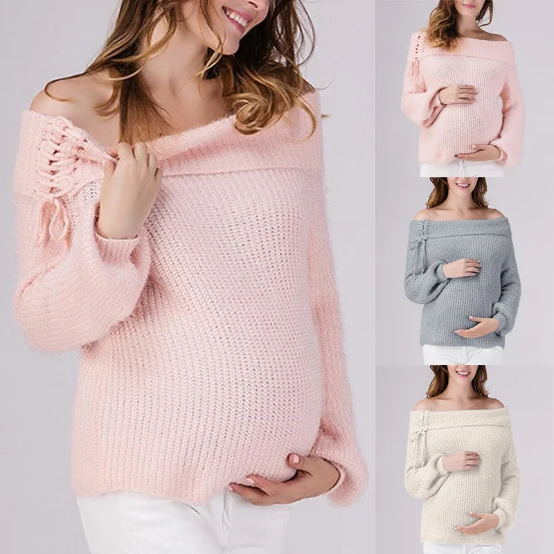 

Fashion pregnant new autumn and winter word shoulder strap comfort maternity clothes solid color soft sweater maternity dress