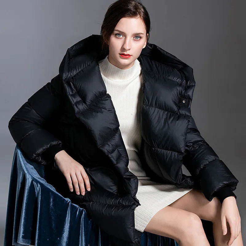 Женский длинный пуховик на белом утином пуху черный толстый выше колена в