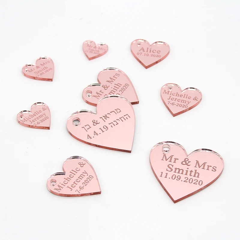 Rose Gold with Hole 100 штук персонализированные Выгравированные Mr& Mrs фамилия Серебряное Зеркало акриловое любовь, сердце, Свадьба Вечерние стол центральные украшения сувениры - Цвет: Rose Gold with Hole