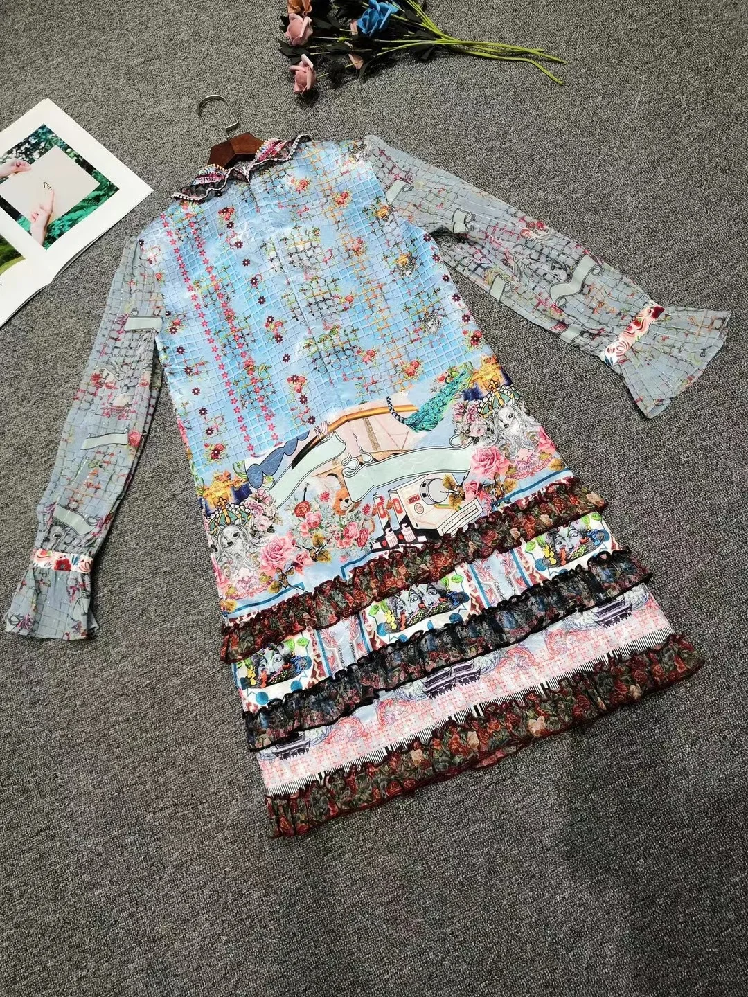 

Spring Runway 2021 Designer Dress Women Long Sleeve Print Frill Vintage Mujer Festa Vestidos Ruffles Robe