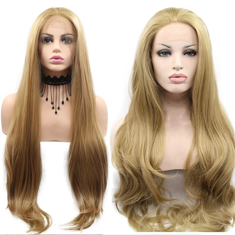 

Cosplay Silky Straight Curly Synthetic Lace Front Wig Gold Blonde Middle Part Body Wave Frontal Highlight Hair Wigs For Women