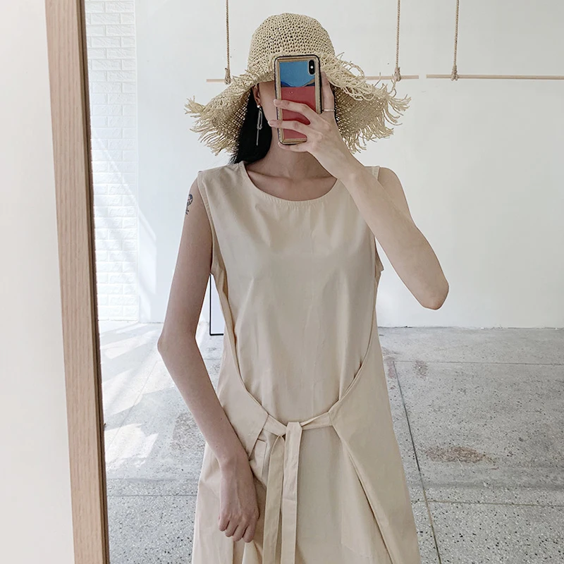 

Korejpaa Women Dress 2021 Summer Korea Temperament Gentle Ladies Round Neck Lace Up Waist Double Pocket Sleeveless Vest Vestidos