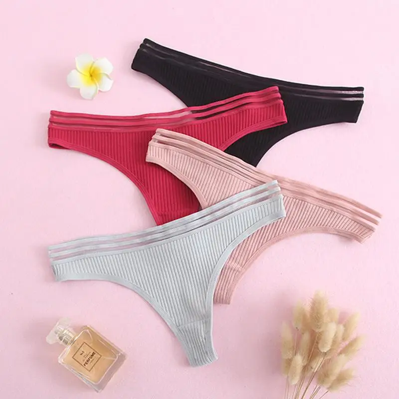 

Pure Cotton Sexy Lingerie Breathable Low Waist Women G Strings Thongs High Stretch Semi Mesh Transparent Belt Intimates Panties