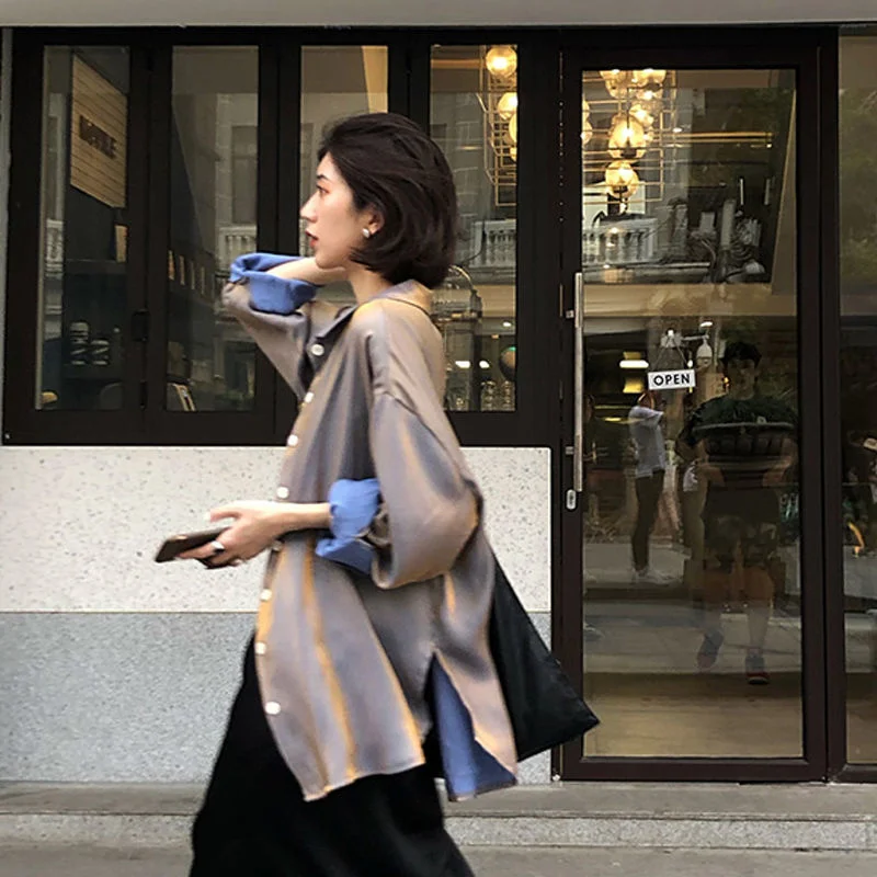 

Deeptown Vintage Womens Shirts Elegant Women Blouses Fashion Button Up Shirt Solid Loose Long Sleeve Shirts Ladies