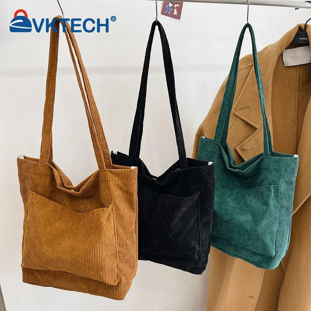 

Women Corduroy Shoulder Bag Vintage Foldable Eco Shopping Grocery Bags Girls Student Bookbag Handbags Solid Color Casual Tote