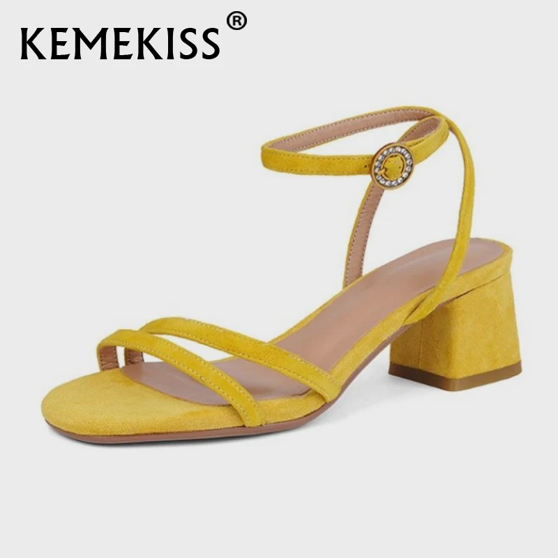 

Женские кожаные босоножки с пряжкой и ремешком KemeKiss 2021, однотонная Повседневная модная женская обувь на толстом каблуке, размеры 34-39