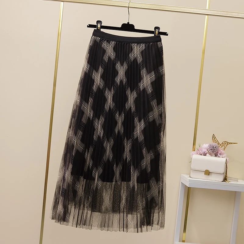

Chic European America Ladies Mesh Pleated Skirt A-Line Medium Long Geometric Summer Vintage Women Bottom Drop Shipping Wholesale