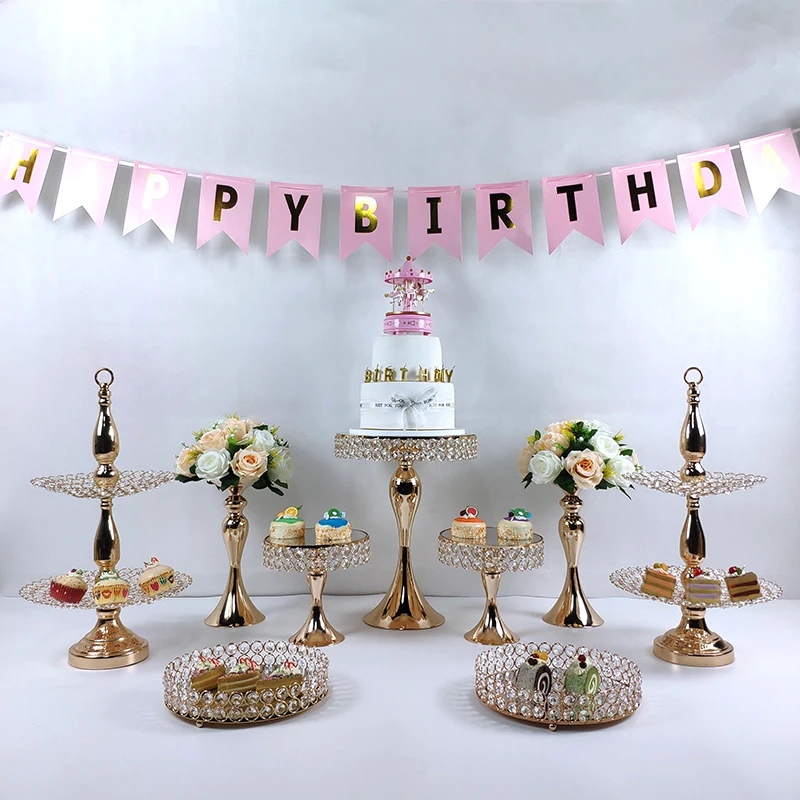 Больше лоток золотой свадебный торт стенд Набор белого цвета со стразами и