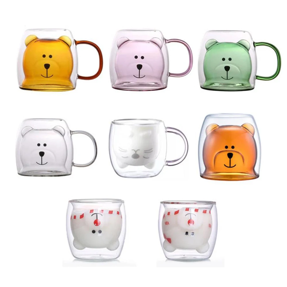 

New cute animal glass cup with handle 250 ml double glass milk cup Coffee Cup Christmas gift for children girls adults
