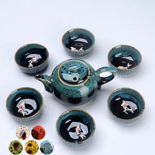 Juego de té de cerámica estilo chino, tetera portátil de Kung Fu, juego de té de Ceremonia de pescado, 1 olla, 6 tazas