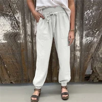 womens elastic waist with pockets solid color cotton and linen series casual loose leggings trousers