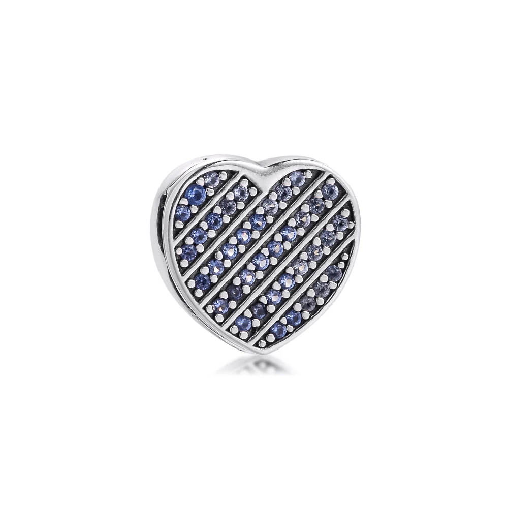 

New Beads 925 Original Sterling Silver Blue Pave Heart Clip Charm Bead Fit Reflexions Bracelets Women Jewelry rosario
