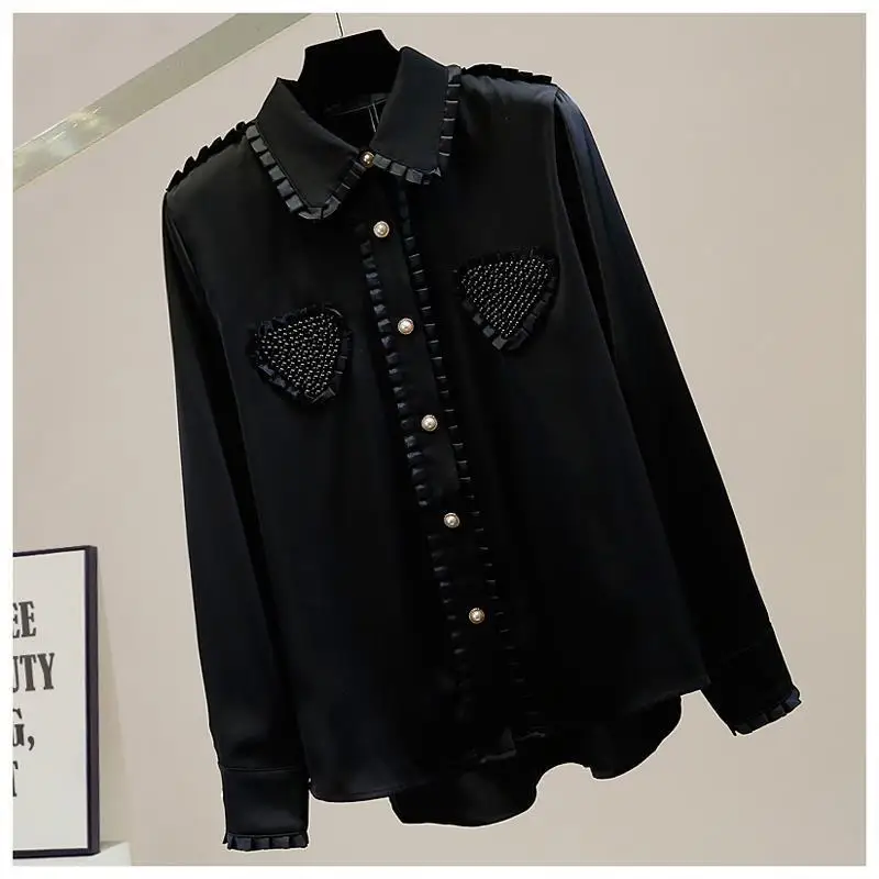

Love Beading Pleated Lace Patchwork Sweet Turn Down Collar Irregular Single Breasted Full Solid Satin Shirts Women Tops