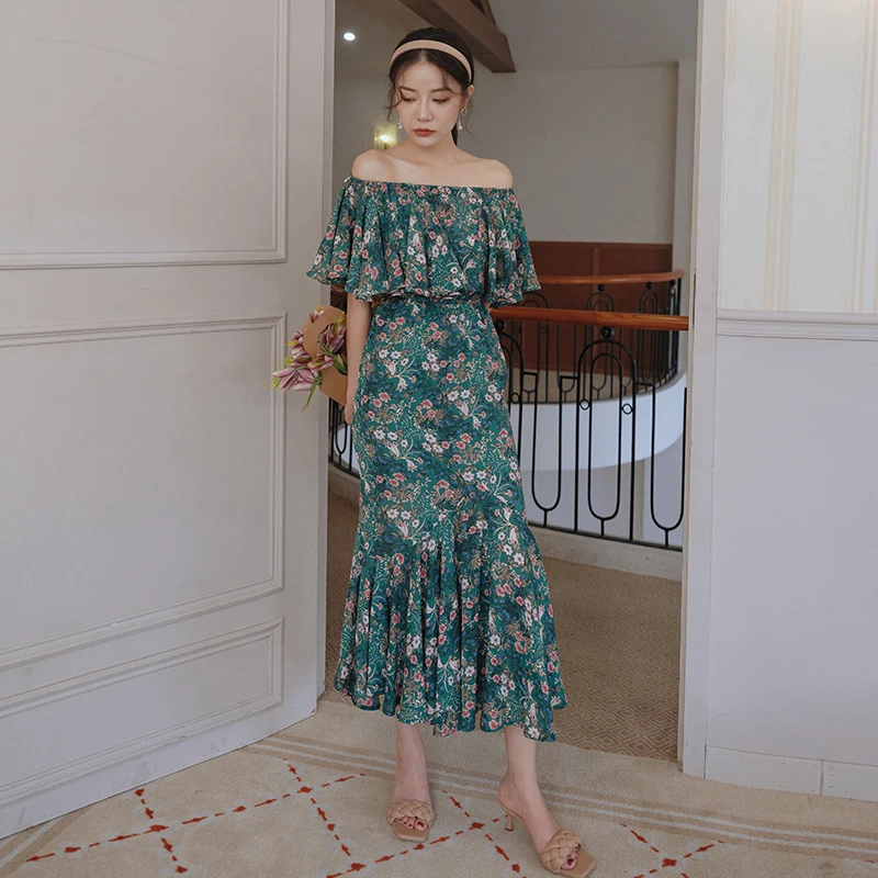 

Women Long Floral Chiffon Dress Summer 2022 Vintage Ruffle Korean Maxi Wrap Dress Elegant Honeymoon Beach Vacation Party Night
