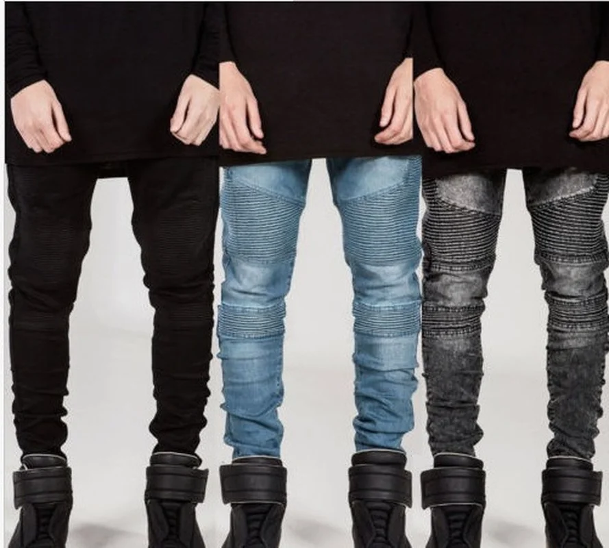 Men Jeans Motorcycle Pants Folds Slim Pencil Pants Elastic Skinny Jeans Men Fashion Solid Color Casual Trend Men Denim Pants