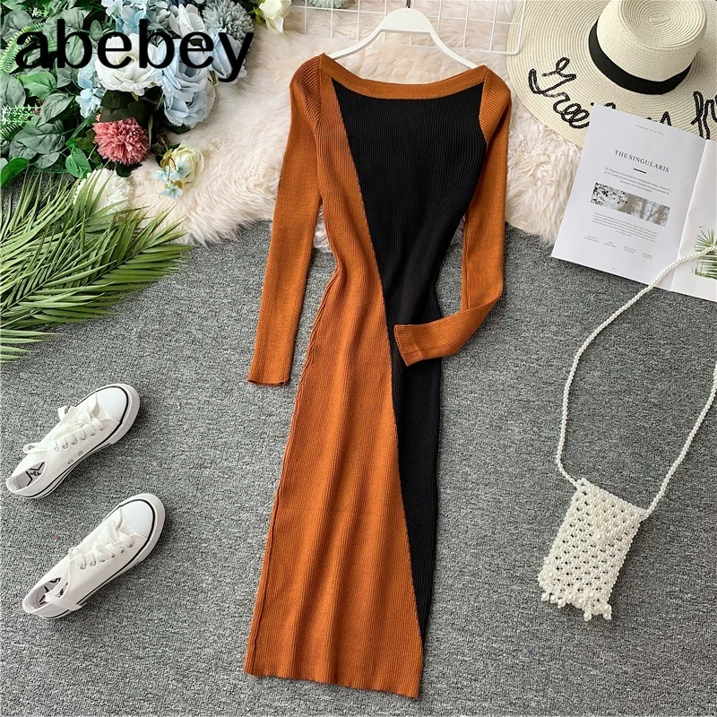 

2021 autumn and Winter new women's slash neck long sleeve color block knitted Button Dress female elegant sheath sweater dresses