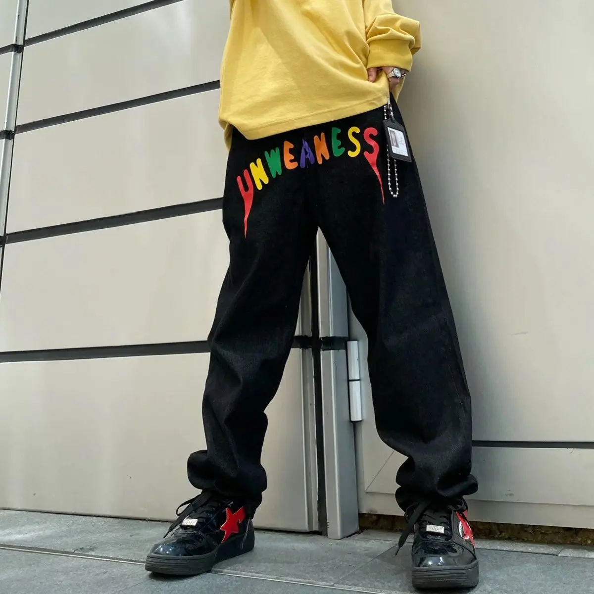 V-hanver Letter Print Denim Pants Mens High Street Loose Straight-leg Pants Streetwear Casual Jeans Trousers Unisex Plus Velvet