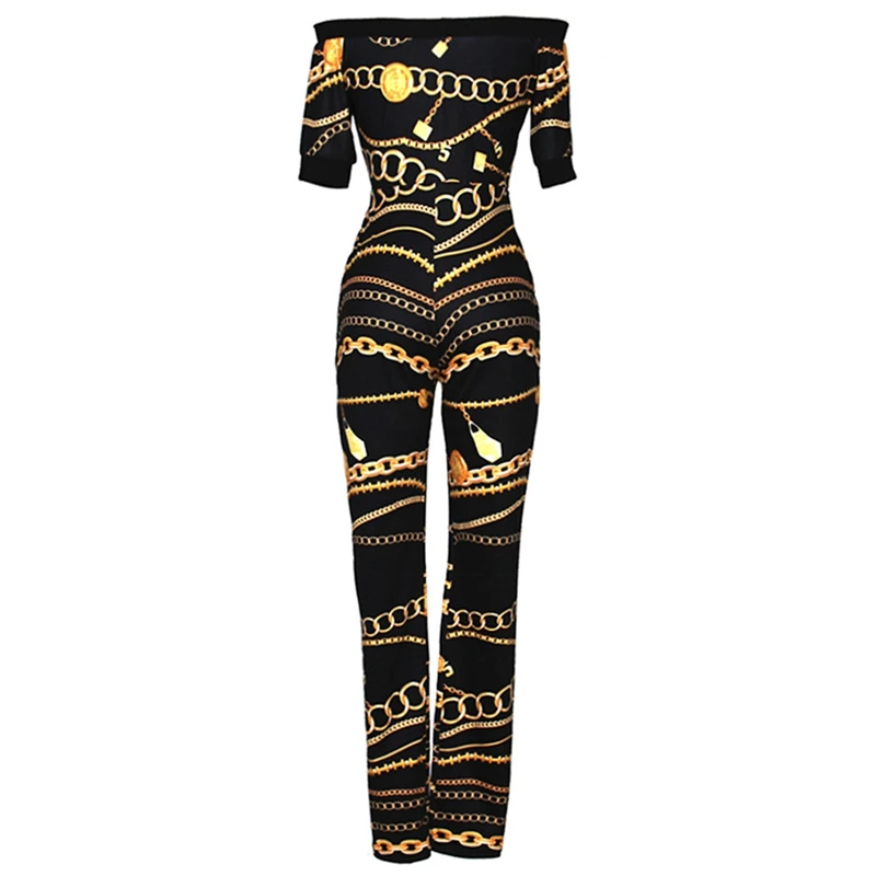 

2020 Women Summer Chain Vintage Print High Waist Off Shoulder Jumpsuit Night Club Party Romper Beach Streetwear Playsuit