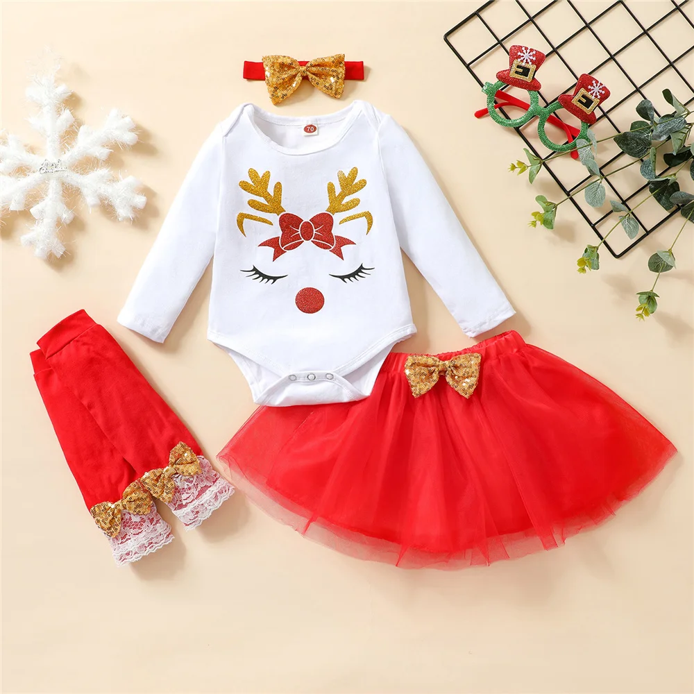 

Baby Girl Christmas Clothes Sets Reindeer Snowman Romper Bow Tulle Tutu Skirt Headband Leg Warmer 0-18M Infant Festival Costume