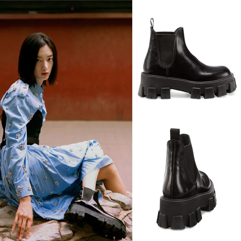 Женские ботинки челси на платформе без застежки до лодыжек короткие сапоги из