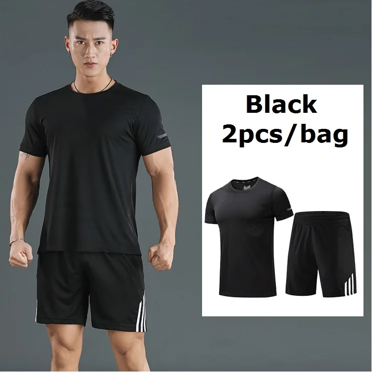 Black 2pcs Мужской мотоциклетный спортивный костюм для спортзала фитнес компрессионная одежда для бега спортивная одежда упражнения тренировка колготки - Цвет: Black 2pcs