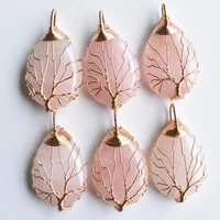 wholesale 6pcslot gold color wire wrap handmade tree of life drop shape natural pink quartz stone pendants free shipping