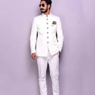 Новинка 2021, дизайнерский воротник-стойка, дизайнерские белые костюмы для мужчин, Блейзер, смокинг для жениха, костюм из двух предметов, мужской костюм