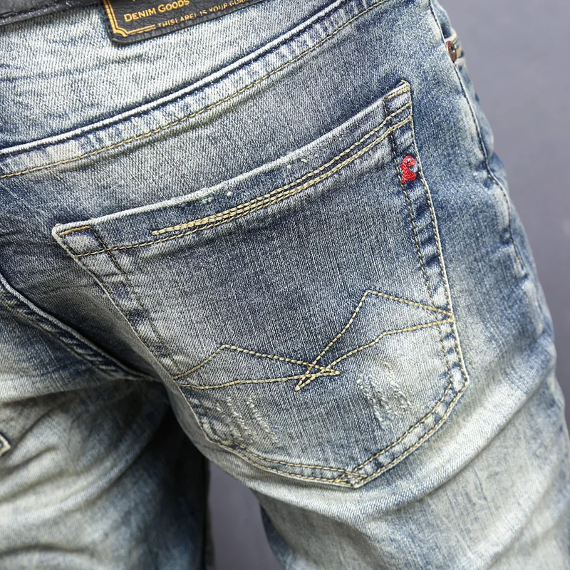 

Ripped Blue Jeans Vintage Men Slim Fit Pencil Pants Streetwear Cotton Denim Trousers