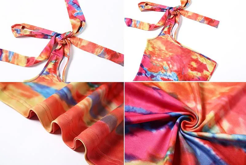 

2020 Sexy Women Tie Dyeing Print Off Shoulder Single Strap Dress Clubwear Bodycon Summer Party Lace-up Dress Short Mini Dresses