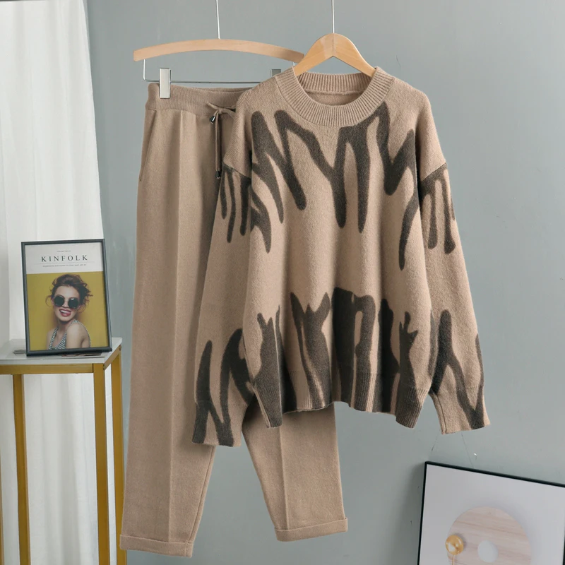 

Tie Dye Winter Knit Two Piece Set Women Harem Pant Suits Oversized Loose Sweaters Jogging Knitted Tracksuit Outfits