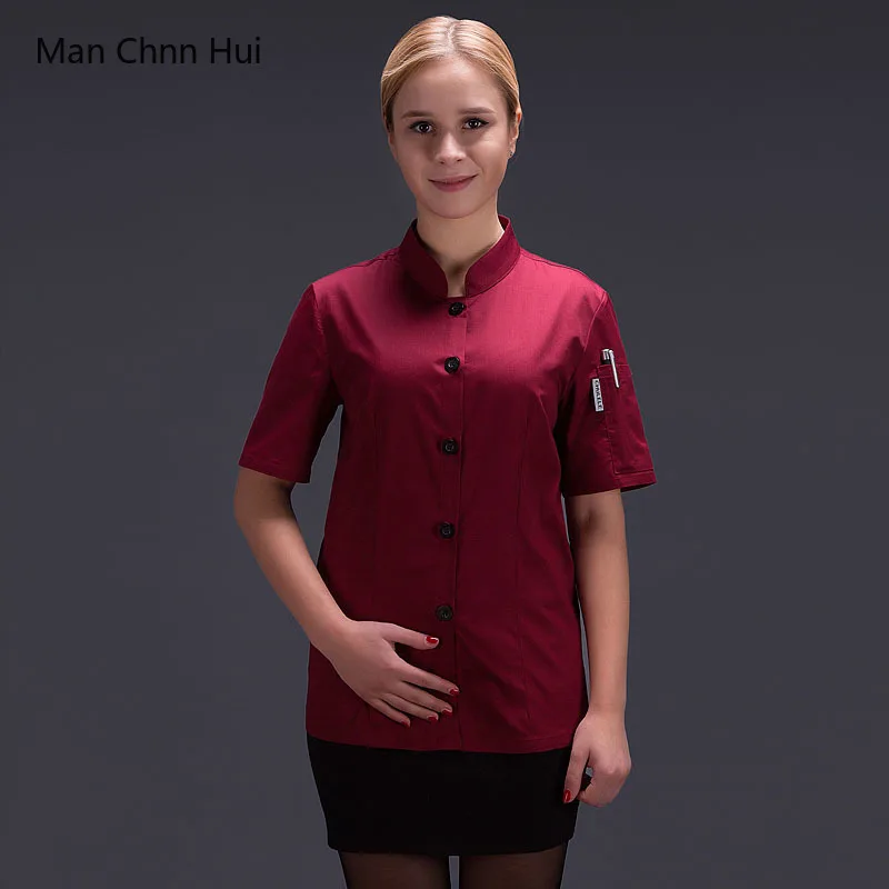 Uniforme de chef para mujer, ropa de trabajo para restaurante, camisa roja para Hotel, servicio de Catering, abrigo de chef