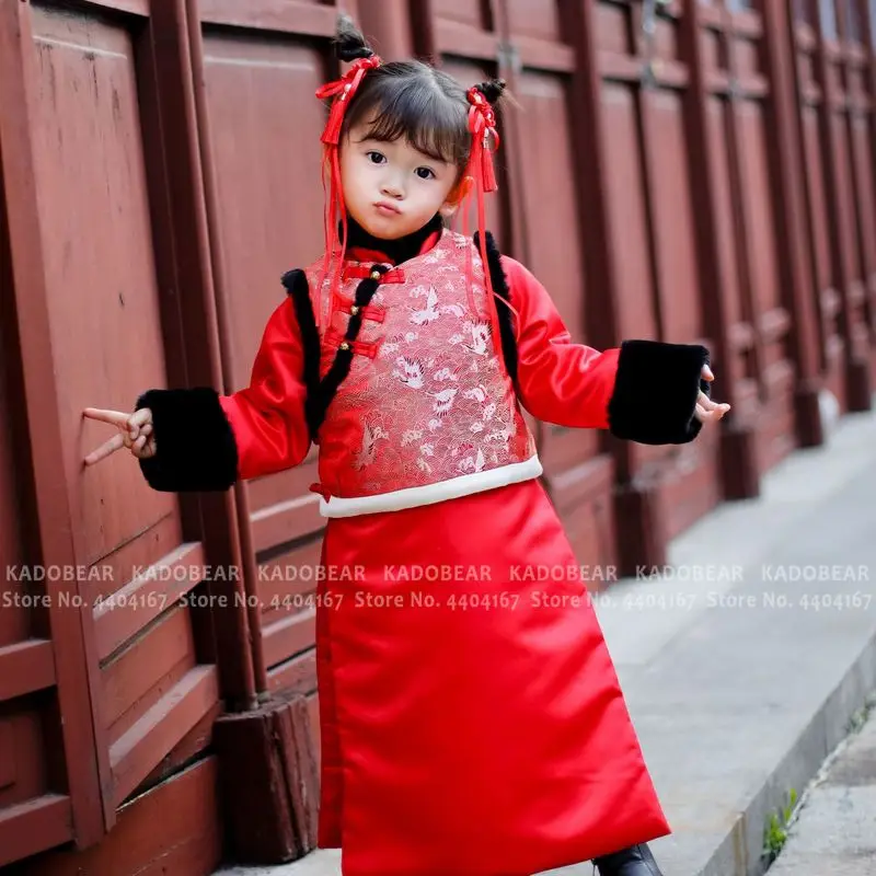 Детское китайское традиционное Новогоднее платье Ципао зимний меховой жилет для