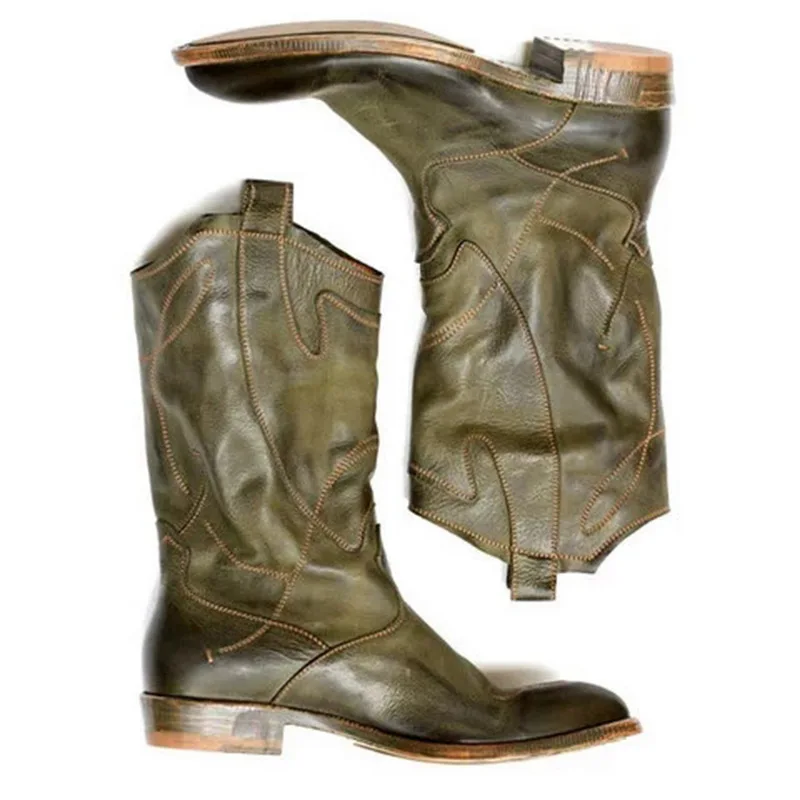 Laamei Women's Western Boots Winter Mid Tube Knight Boot Lady Retro Rome Slip-On Low Heel Leather Shoes Wide Calf Cowboy Botas