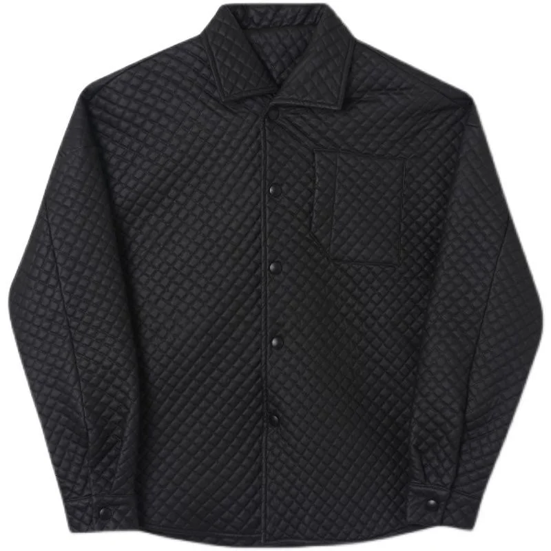 Куртка мужская черная однобортная в клетку из ПУ кожи на осень/зиму | Мужская