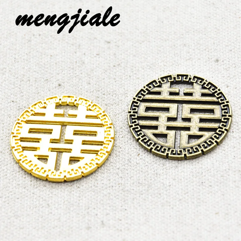 

4pcs Wholesale Two Color Double Happiness Charms Alloy Metal Round Pendants For DIY Handmade Jewelry Accessories Making 32*32mm