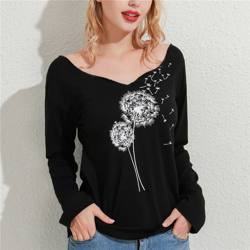 

Ladies Stylish Printed Tees Shirt Women Leisure Loose Long Sleeve T Shirt Quality V-Neck Tees Shirt New Women Clothing For Femme