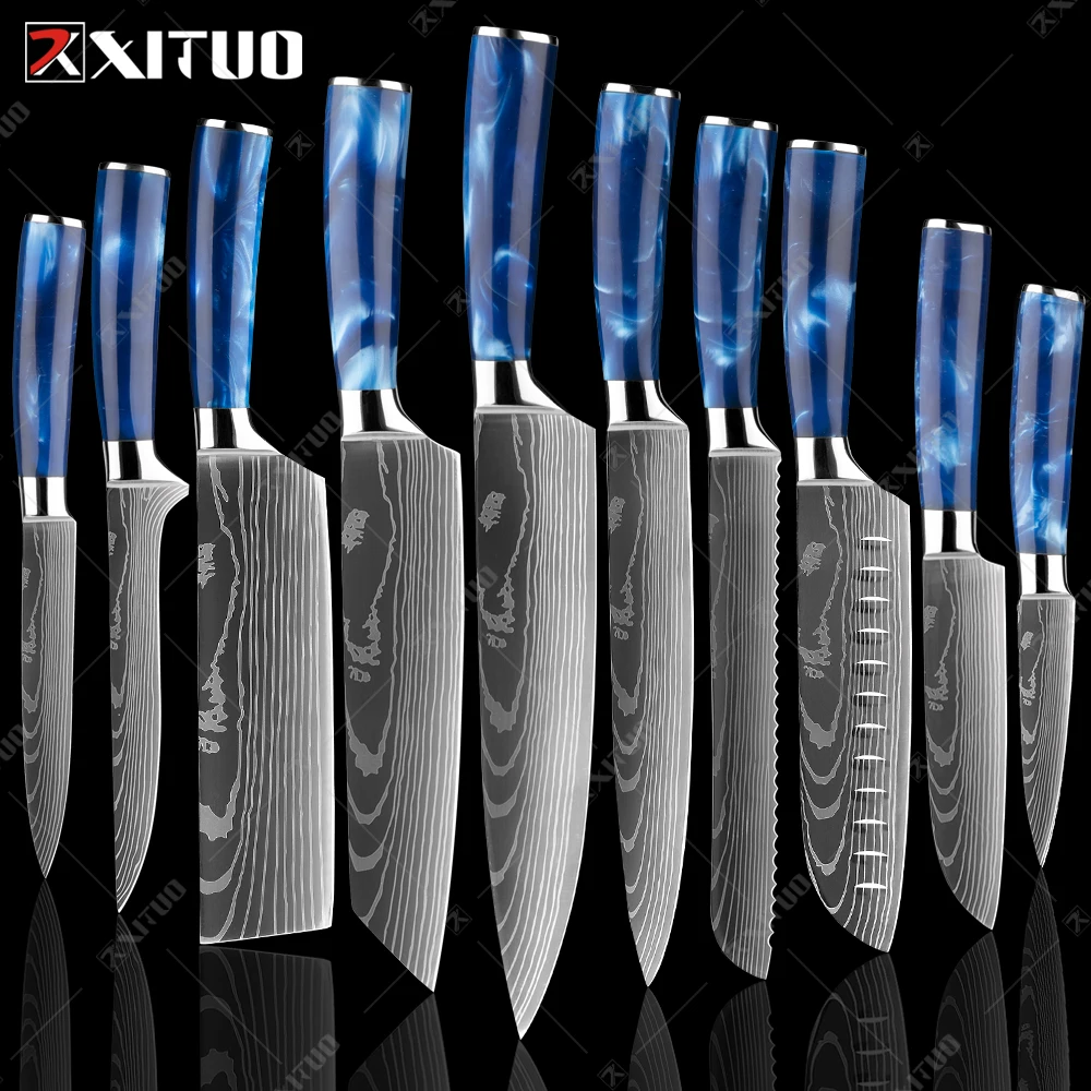 Conjunto de Facas Lidar com Padrão Faca do Chef Facas de Corte Xituo Cozinha Resina Azul Requintado Damasco Laser Santoku Cutelo Melhor Presente
