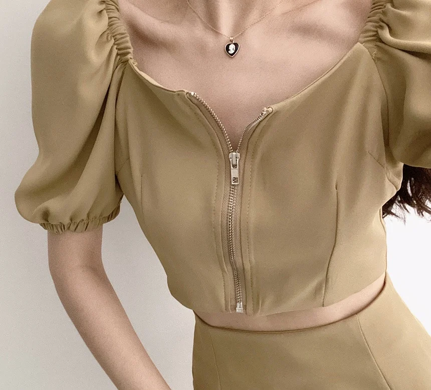 

2021 Korea Summer Two Piece Set Elegant Women zipper Square Collar Sexy Crop Top + High Waist Mini Skirts Outfits